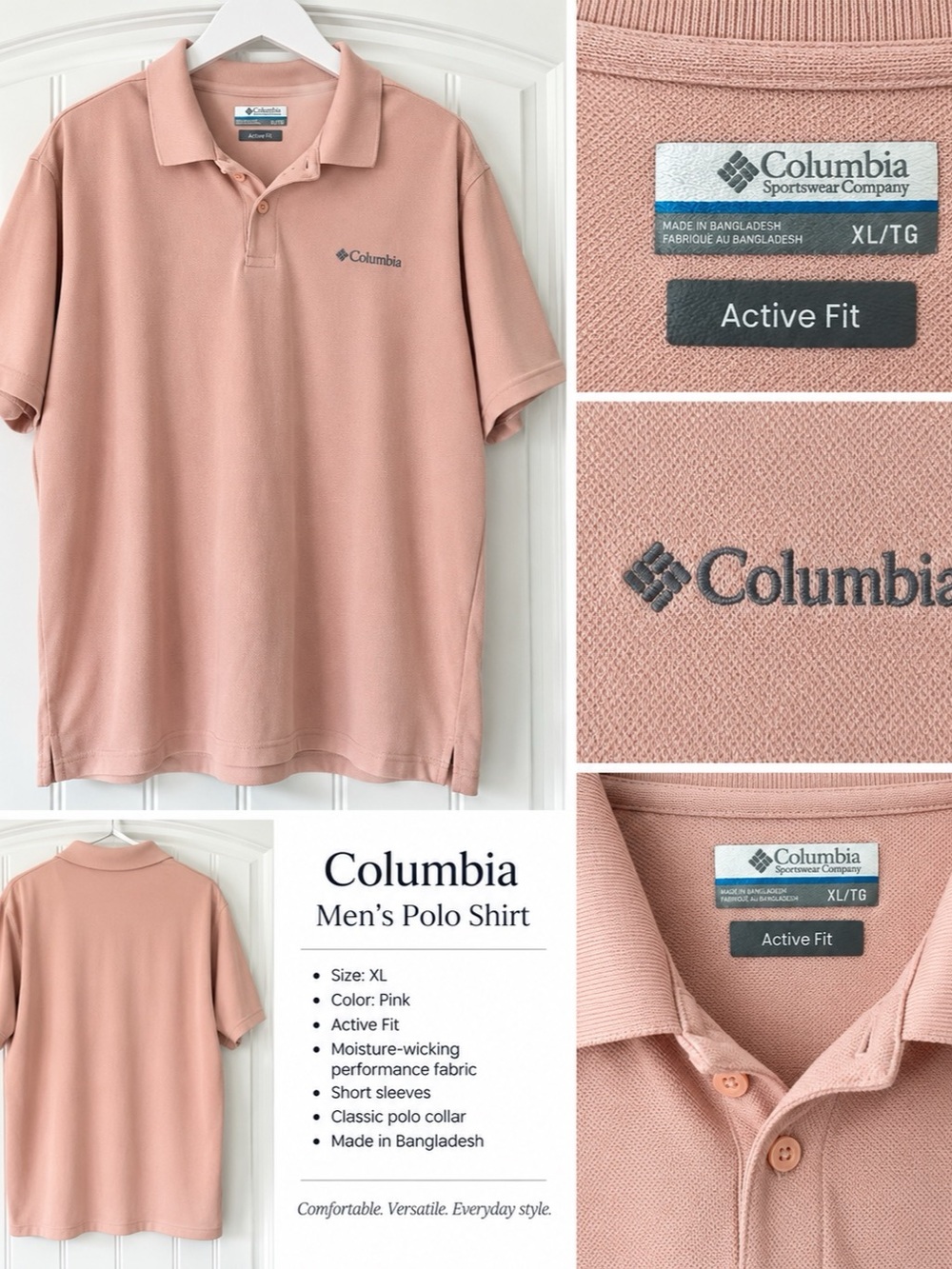 Columbia Men’s Polo Shirt XL Pink Active Fit Short Sleeve Golf Shirt
